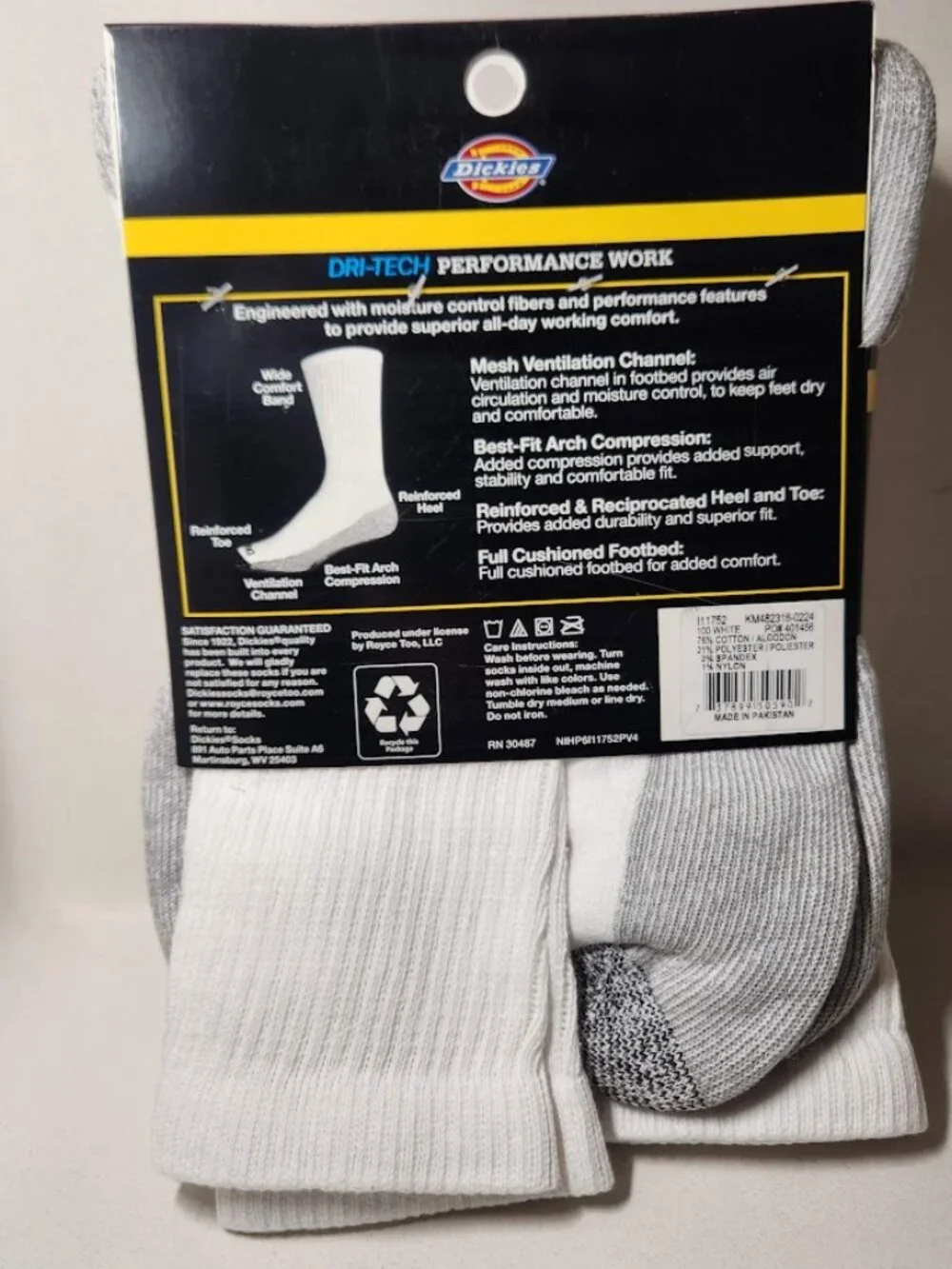 NEW Dickies Men's Dri-Tech Moisture Control Crew Socks 6 Pack Size XL White Soft